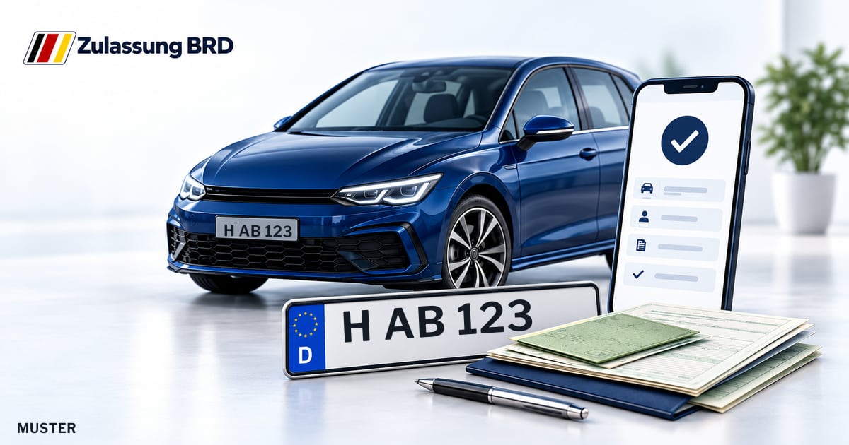 Online Fahrzeugzulassung in Pattensen: Musterkennzeichen H AB 123, Auto und Fahrzeugpapiere und Smartphone. Illustration mit Logo von Zulassung BRD.
